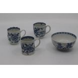 Three Worcester coffee cups, circa 1765-75, the first of can form and painted in blue with the '