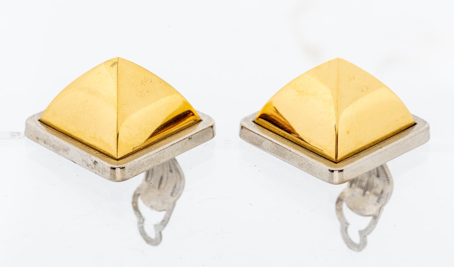 Hermes - a pair of vintage Hermes two tone pyramid earrings, comprising square forms with extruded - Image 3 of 5