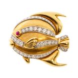 Tiffany & Co-  a diamond 18ct yellow and white gold fish brooch, the body with raised decoration set