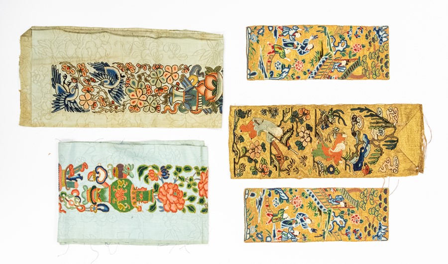 A group of Chinese embroidered silk garment fragments, Qing Dynasty, including a pair of rectangular - Image 2 of 2