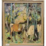 Hondu (dates unknown) Stylised cows grazing amid trees, oil on canvas, signed lower right 101cm x