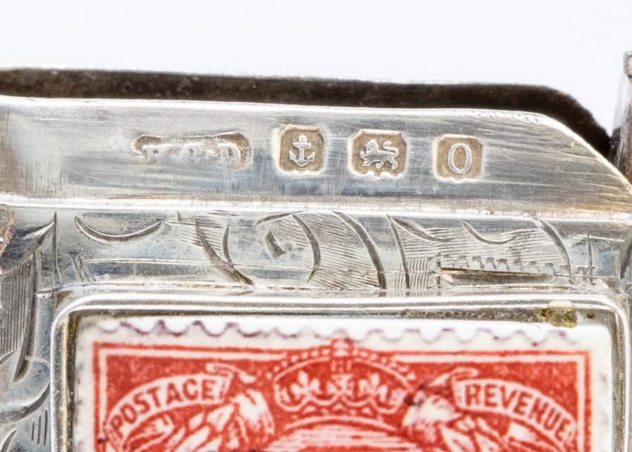 A George V silver vesta case, foliate engraved case with enamel one penny red enamel stamp to the - Image 2 of 2