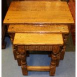 A Rupert Griffiths Arts and Crafts Monastic Woodcraft oak nest of three tables, joined construction,