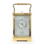 A French carriage alarm clock with repeater, 20th Century, the typical gilt brass five-glass case