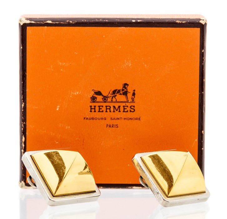 Hermes - a pair of vintage Hermes two tone pyramid earrings, comprising square forms with extruded - Image 5 of 5
