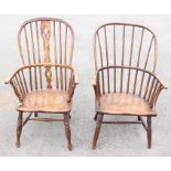 A George III ash and elm stick back Windsor chair of Regional design, curved arm support and H