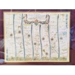 John Ogilby road map of Oxford to Coventry, c.1698, hand-coloured copper engraving on laid/chain-