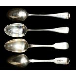 A set of five Victorian Old English Pattern silver dessert spoons, each engraved with initials, by