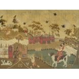 An early 19th Century Folk Art  needlework panel depicting landscape with Boy astride a hound with a