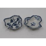 Two Worcester leaf-shaped pickle dishes, circa 1770-80, one painted in blue with fruiting vines, the