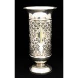 A George V silver cylindrical vase, flared rim above openwork body decorated with scalework,