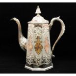 A Victorian silver tapering cylindrical coffee pot, Chinoserie style profusely chased with panels of