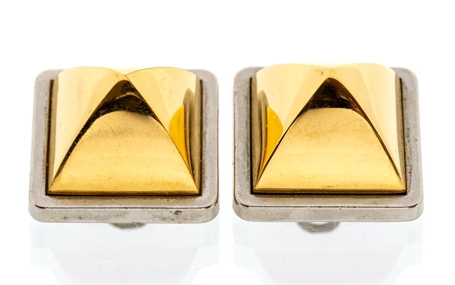 Hermes - a pair of vintage Hermes two tone pyramid earrings, comprising square forms with extruded