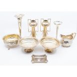 A collection of silver to include: a pair of Arts & Crafts two handled vases by Stewart Dawson &