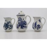 Three Worcester sparrow-beak jugs, circa 1770-90, the first painted in blue with the 'Mansfield'