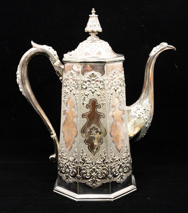 A Victorian silver tapering cylindrical coffee pot, Chinoserie style profusely chased with panels of - Image 2 of 3