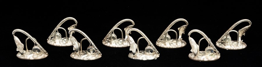 Fishing Interest: A matched set of eight modern Elizabeth II silver menu holders cast as a salmon - Image 2 of 5