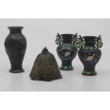 An assembled group of bronzes, 19th Century, including a Japanese inlaid vase, decorated with