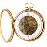 A Georgian 18ct gold and tortoiseshell Continental pair case pocket watch, the white enamel