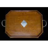 An Edwardian silver mounted oak presentation Butler's two handled tray, with central diamond