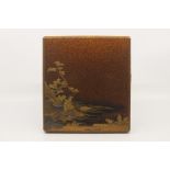 A Japanese lacquer tray or box cover, Meiji period, of near square form with canted corners,