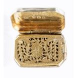 A George III silver vinaigrette, initialled to lid M.J.K, rectangular with canted corners, gilt