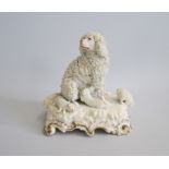 A Staffordshire model of an ‘Unclipped’ Poodle and three playful Puppies, Seated on a scrolled