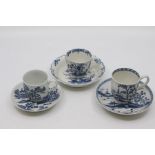 Three Worcester coffee cups and saucers, 1770-1790, the first of fluted form and painted in blue