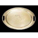 A George VI silver plain oval two intregal handled tray, egg-and-dart border, by Viner's of