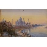 Louisa H R Corelli ? (19th Century) Taj Mahal with the banks of Ganges watercolour, 13.5 x 22cm