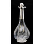 A late Victorian silver collared and glass decanter, baluster form, floral engraved glass, the