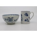 A Worcester mug, circa 1770-85, of cylindrical form with ribbed strap handle, printed in blue with