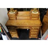 A Victorian oak and pollard inlay pedestal writing desk, circa 1870, a two higher section with an