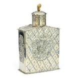 A German Hanau silver tea caddy, the body with chased geometric pattern with central cartouches