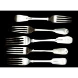 A collection of 19th & 20th Century silver fiddle pattern dessert forks, handles either engraved