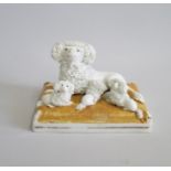 A Staffordshire ‘Lion Clipped’ Poodle and her Puppies, Laying on an Ochre tasselled cushion See Rice