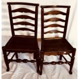 A pair of 18th century oak and elm ladder back Macclesfield chairs, raised on straight cabriole