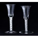 Two 18th Century style clear glass wines, 20th Century, bell bowls, double opaque twist stems,