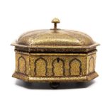 A Sialkhot gold koftgari steel jewel casket, North India, circa 1850, of octagonal sarcophagus form,