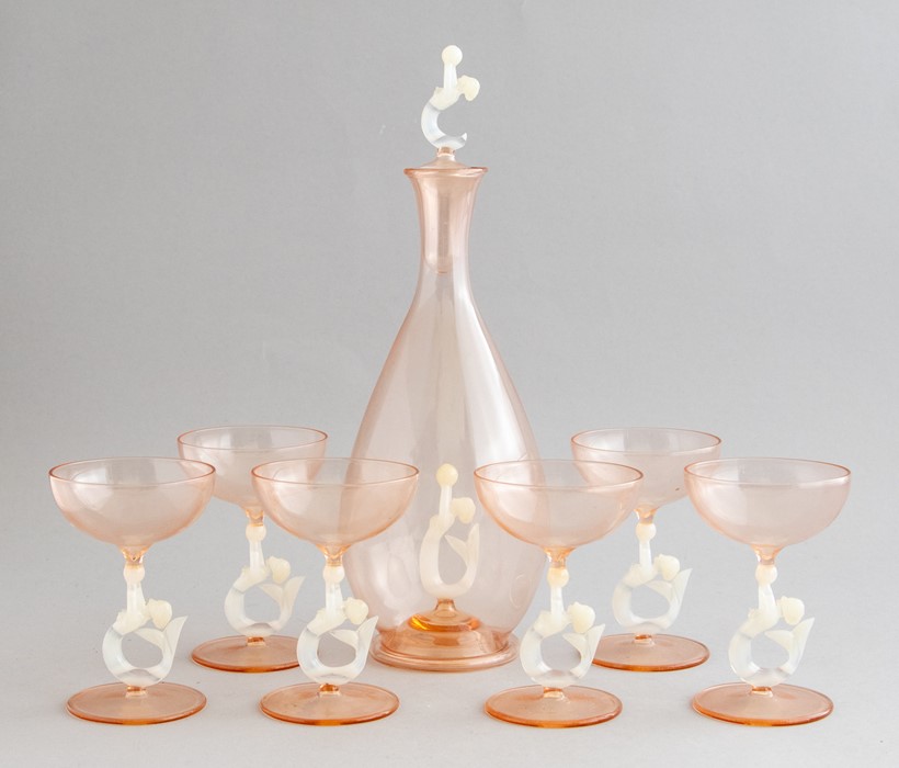 A Bimini Werkstatte Art Deco pink and opaque glass cordial set, circa 1930's, comprising a carafe,