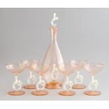 A Bimini Werkstatte Art Deco pink and opaque glass cordial set, circa 1930's, comprising a carafe,