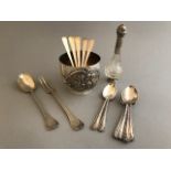 A small parcel of assorted hallmarked silver flatware and hollow ware, to include a small silver mug