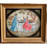 A pair of early 19th Century oval stumpwork and embroidered pictures on silk, allegorical scenes,