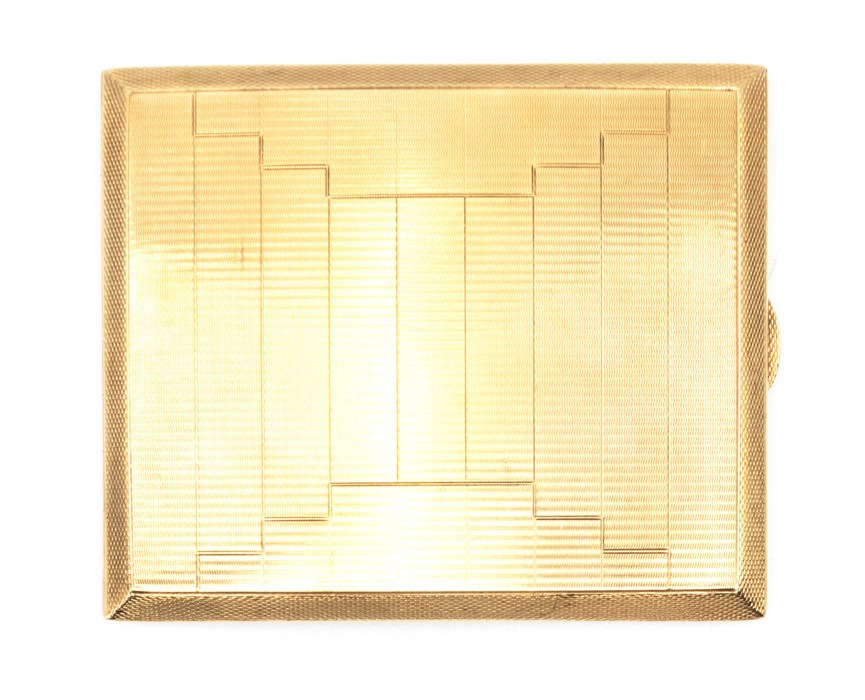 A George VI Art Deco 9ct gold engine turned pocket cigarette case, Chester 1938, internal engraved