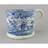 An early nineteenth century blue and white transfer-printed mug, c.1825. It is decorated with a