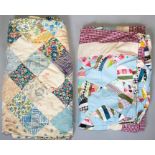 A patchwork quilt in a colour variation of fabric on a blue background, small repairs needed in