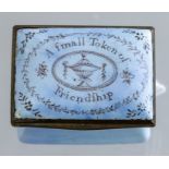 A Bilston enamel patch box, circa 1780, light blue with motto A Small Token of Friendship, width 4.