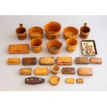 A collection of assorted mainly 19th Century treen, to include numerous Mauchline ware pails, pocket