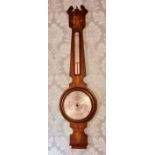 An Edwardian mahogany and strung and parquetry inlaid aneroid wheel barometer, circa 1910, swan neck