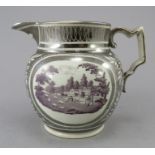 An early nineteenth century pearlware silver lustre transfer-printed jug, c.1820. It is decorated to